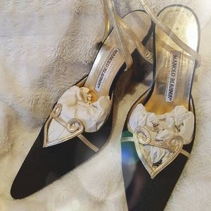 Manolo Blahnik Black Satin wth Gold Leather Straps
